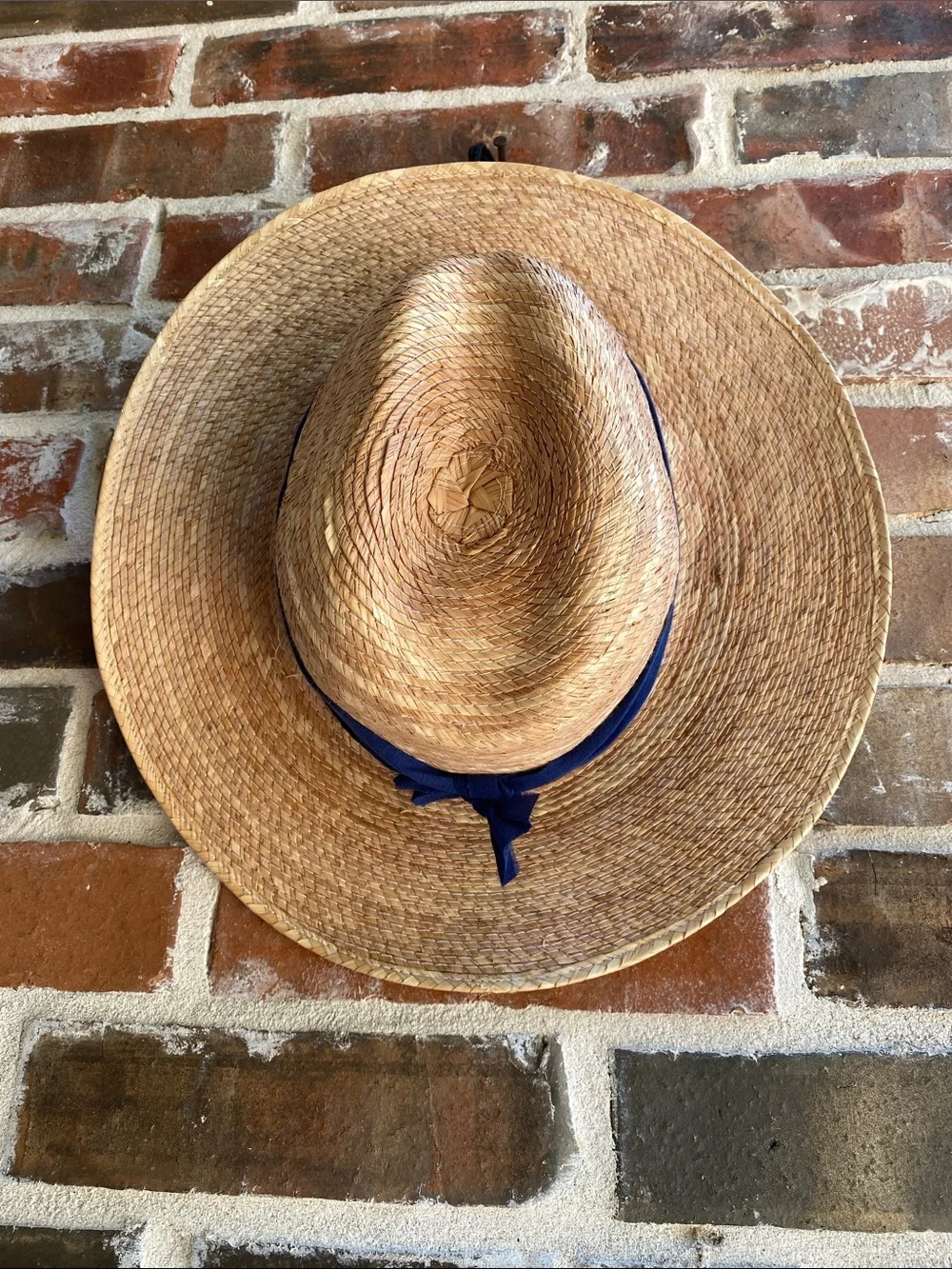 Women's Palm Leaf Straw Wide Brim Sun Hat with Blue Linen Hatband & Chinstrap